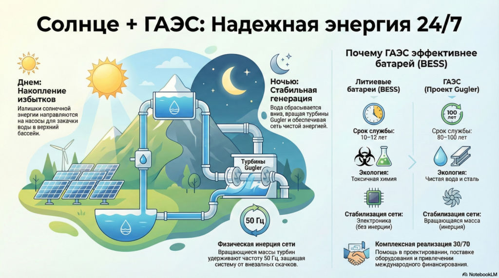Хранение солнечной энергии на 100 лет: Почему ГАЭС выгоднее батарей?
