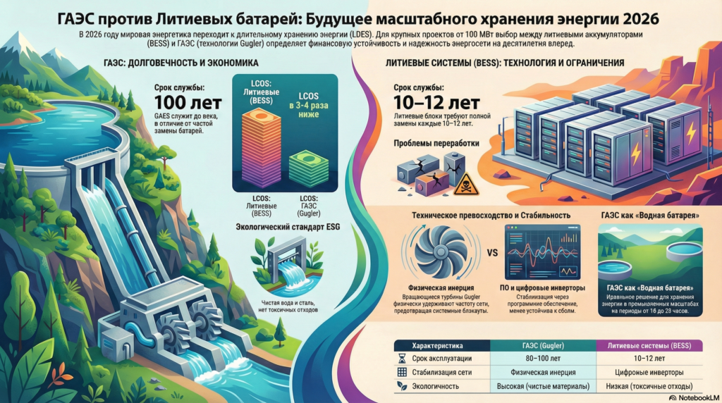Технологии хранения энергии 2026: ГАЭС против литиевых аккумуляторов